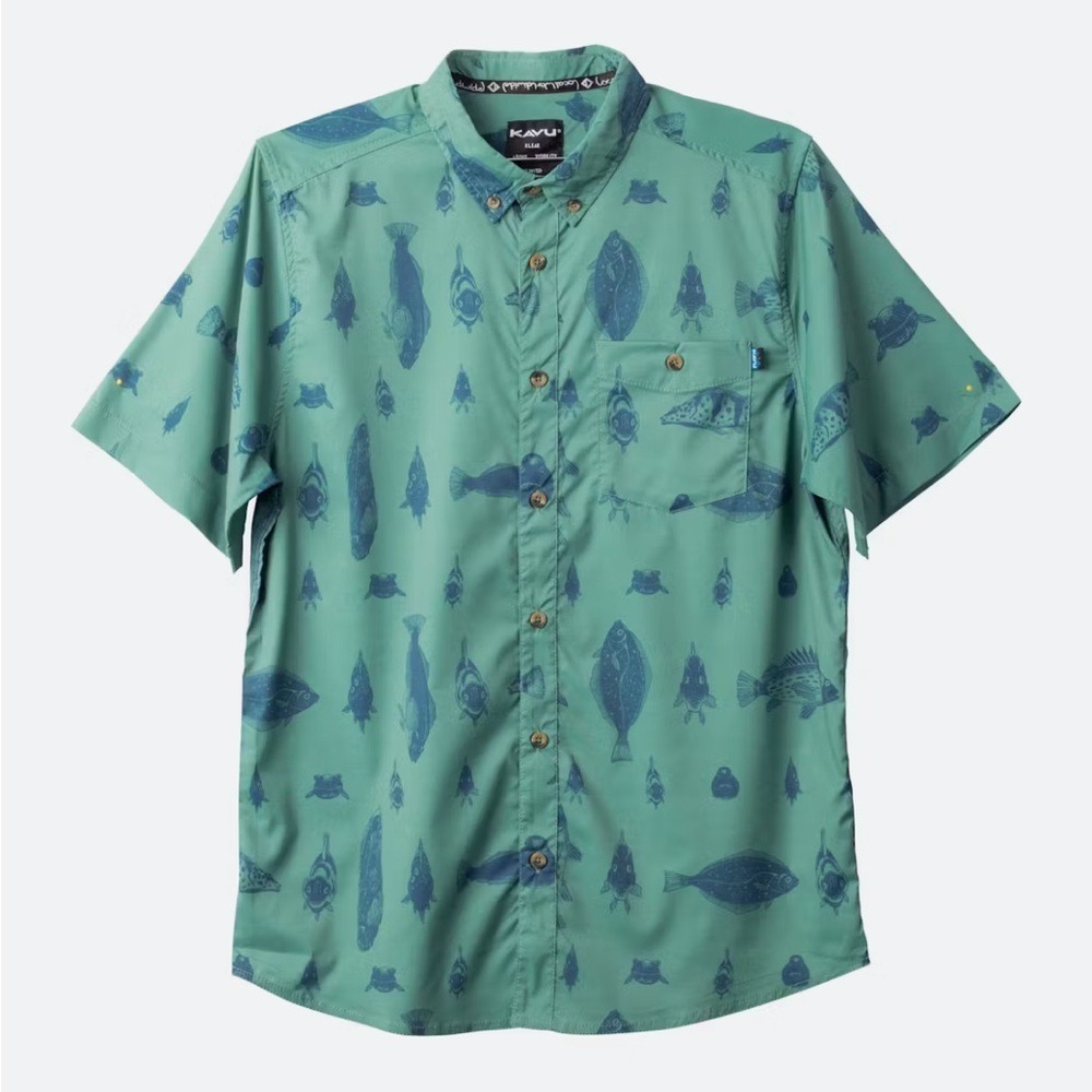 KAVU Mens Short Sleeve Button Up Shirt Fish Print‎ Green Blue Size Medium